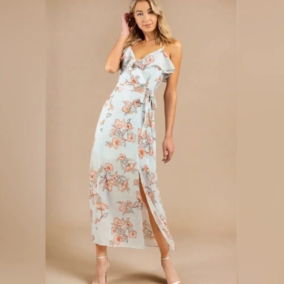 J.O.A. Floral Print Ruffle V Neck Midi/Maxi Dress, Blue Orange, NWOT, Size L - Picture 1 of 6